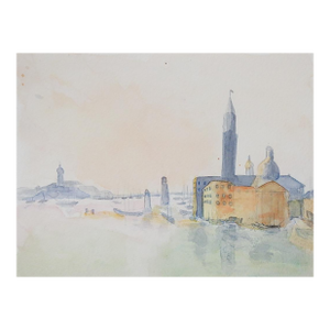 Late 20th Century Continental Harbor and Cityscape Watercolor Painting