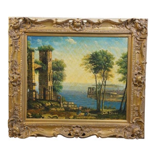 Late 20th Century Rome Italy Capriccio Landscape Oil Painting After Francesco Lazaro Guardi 32" For Sale