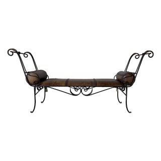 Vintage Rustic Wrought Iron & Leather Scroll Bench For Sale