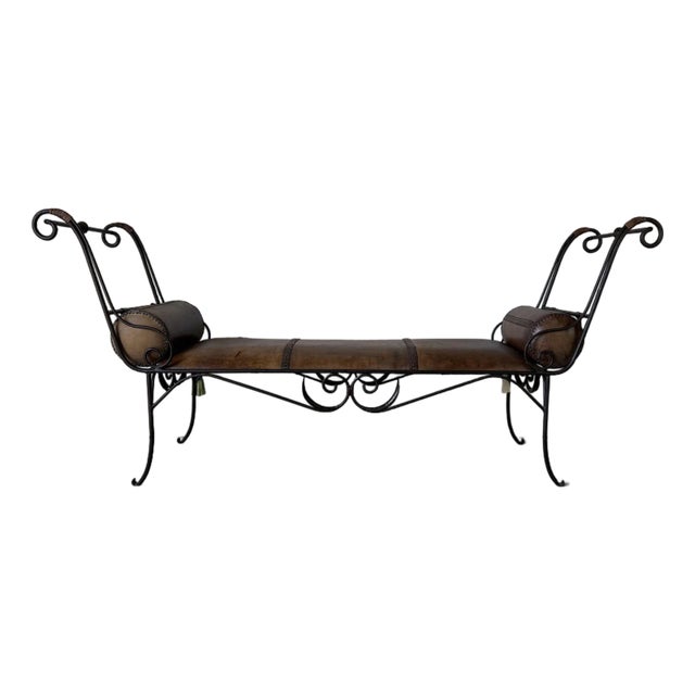 Vintage Rustic Wrought Iron & Leather Scroll Bench For Sale