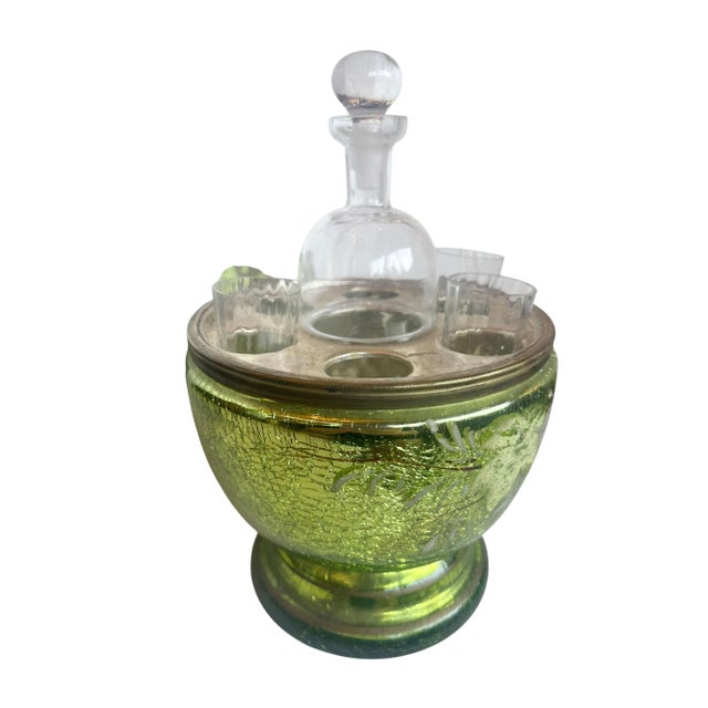 19th Century French Green Mercury Glass Egg Form Liqueur Cave With Decanter and Glasses - 5 Piece Set For Sale - Image 4 of 7