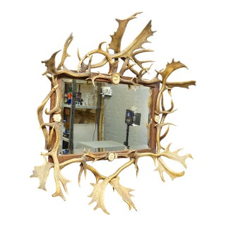 Antique Black Forest Mirror With Antler Arrangement Ca. 1920s For Sale