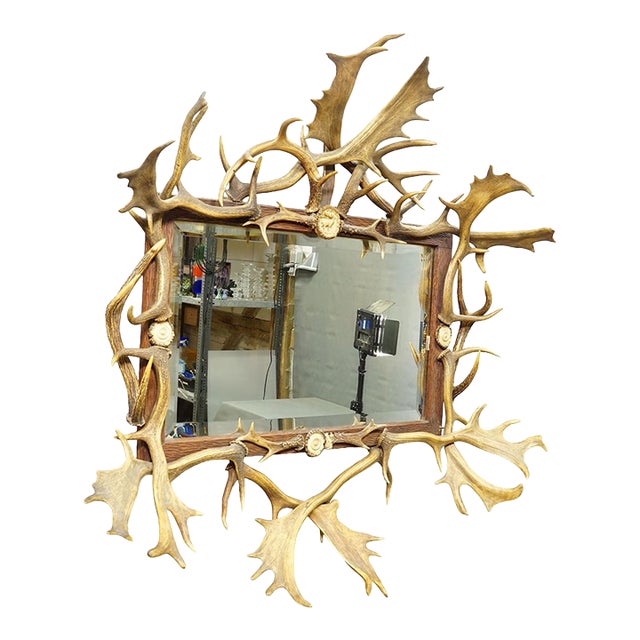 Antique Black Forest Mirror With Antler Arrangement Ca. 1920s For Sale