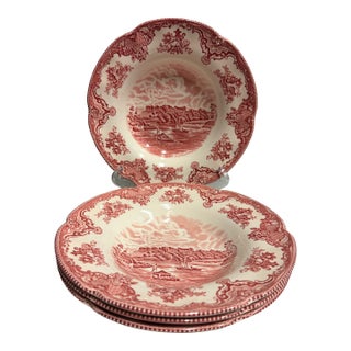 Johnson Brothers Red Transferware Rimmed Soup Bowls Set of 4 For Sale