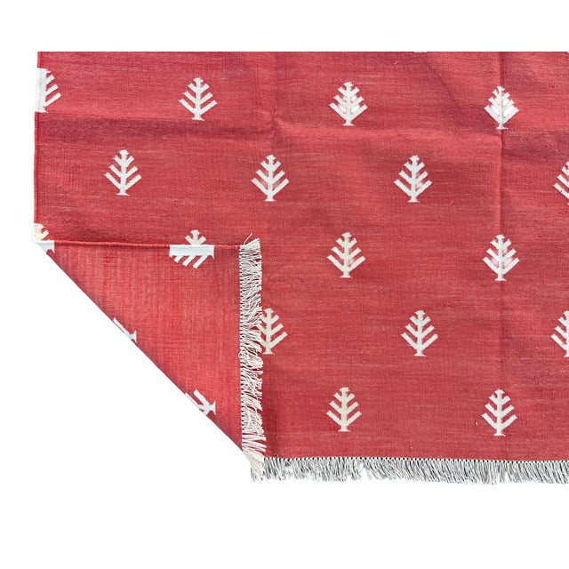 Handwoven Cotton Area Rug, Terracotta and White Tree Patterned Dhurrie - 6'x9' For Sale - Image 12 of 12