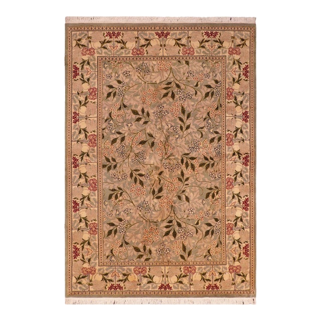 Shabby Chic Floral 1990's Pak-Persian Green/Beige Wool Rug - 6'2'' X 9'3'' For Sale