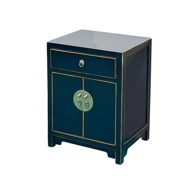 Asian Oriental Black Lacquer Moon Face One Drawer End Table Nightstand For Sale - Image 3 of 12