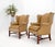 Pair of tall tan leather wing chairs on solid mahogany stretcher base mint!