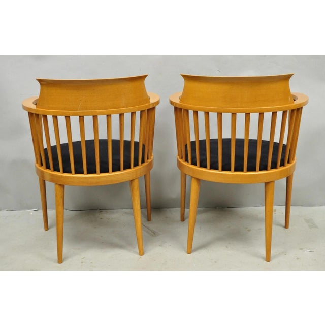 Vintage Postmodern Maple Wood Spindle Barrel Back Lounge Arm Chairs - A Pair For Sale - Image 13 of 15