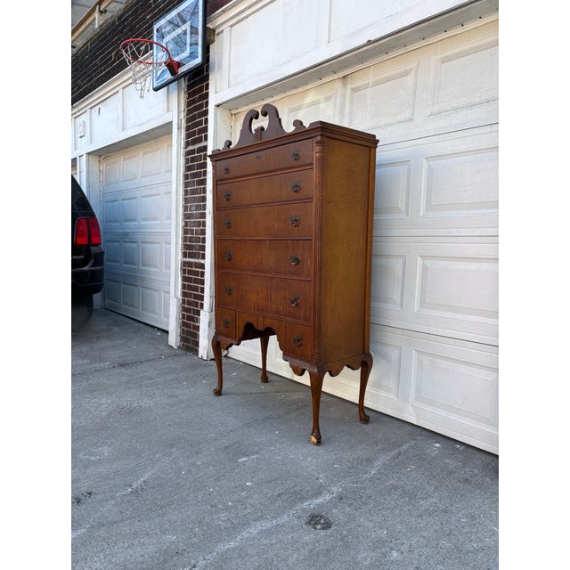 Queen Anne Vintage Queen Anne Highboy Dresser | Colonial Revival Tall Chest | Traditional Bedroom Storage | Solid Wood Veneer High Chest of Drawers For Sale - Image 3 of 12
