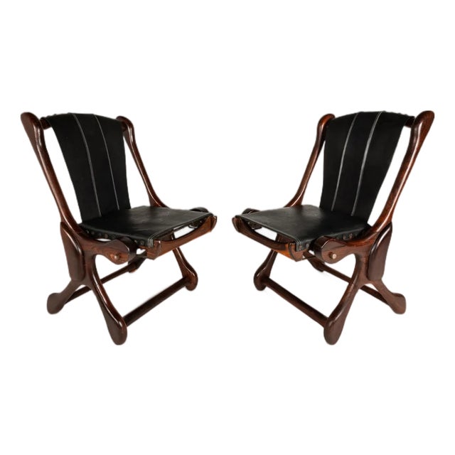 Set of Two ( 2 ) Rare Mid-Century Modern "Sloucher" Sling Chairs in Rosewood & Leather by Don S. Shoemaker for Señal Furniture, C. 1960s For Sale