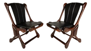 Set of Two ( 2 ) Rare Mid-Century Modern "Sloucher" Sling Chairs in Rosewood & Leather by Don S. Shoemaker for Señal Furniture, C. 1960s
