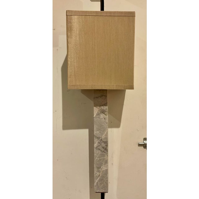 Stylish Modern Gray Marble Marco Wall Sconces Pair, tan silk shades, showroom floor samples
