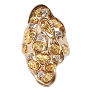 Orocal Genuine Hand Crafted Gold Nugget 14k Yellow Gold Diamond Cocktail Ring, Size 8.5 For Sale