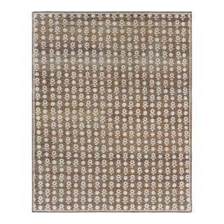 Rug & Kilim’s Modern Block Print Rug in Brown with White Floral Patterns - 5x7 For Sale