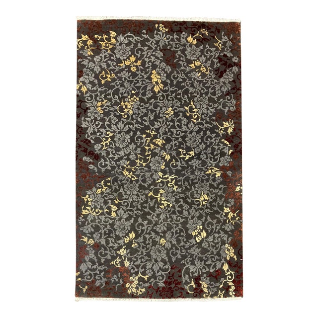 Hand-Knotted Indian Floral Wool Rug 3'0" X 5'3" For Sale