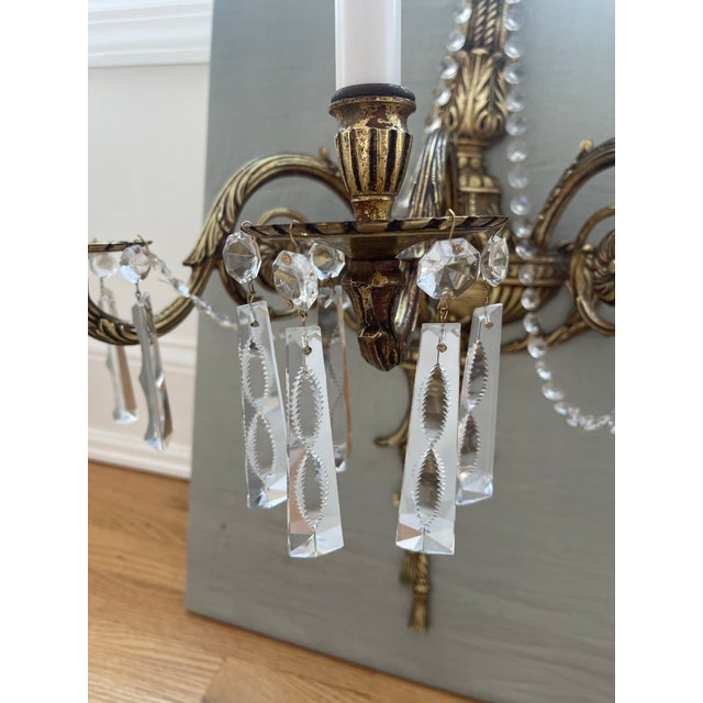 1940s Pair of Antique French Brass and Crystal Electric Sconces For Sale - Image 5 of 12