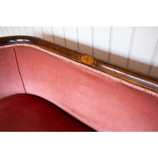 Antique Art Nouveau Edwardian Mahogany Barrel Back 2-Seater Settee Sofa, 1910s For Sale - Image 11 of 18