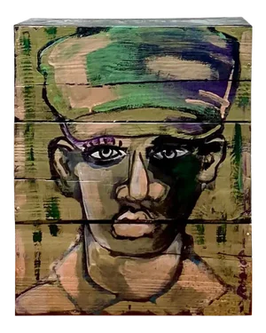 Contemporary Original Abstract Oil Portrait on Crate Signed Roland