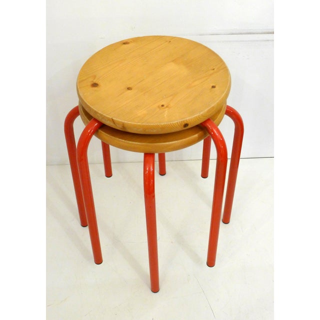 Scandinavian Stools in Wood and Red Lacquered Metal, 1980s, Set of 2 For Sale - Image 11 of 13