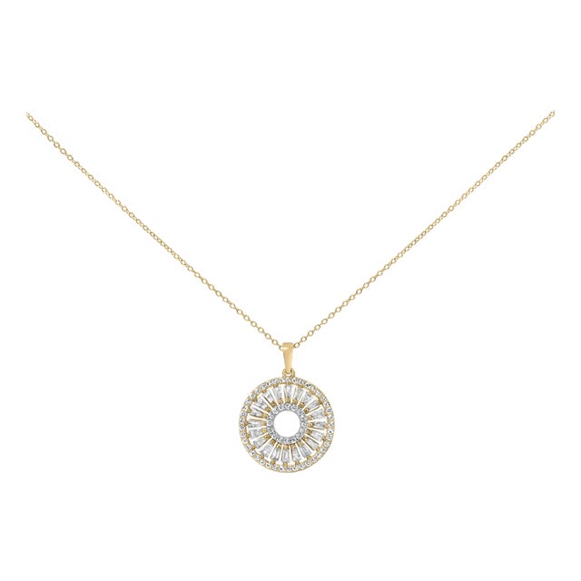 14K Yellow Gold Plated Sterling Silver 1 1/6 Cttw Diamond Sunburst Medallion Pendant Necklace For Sale