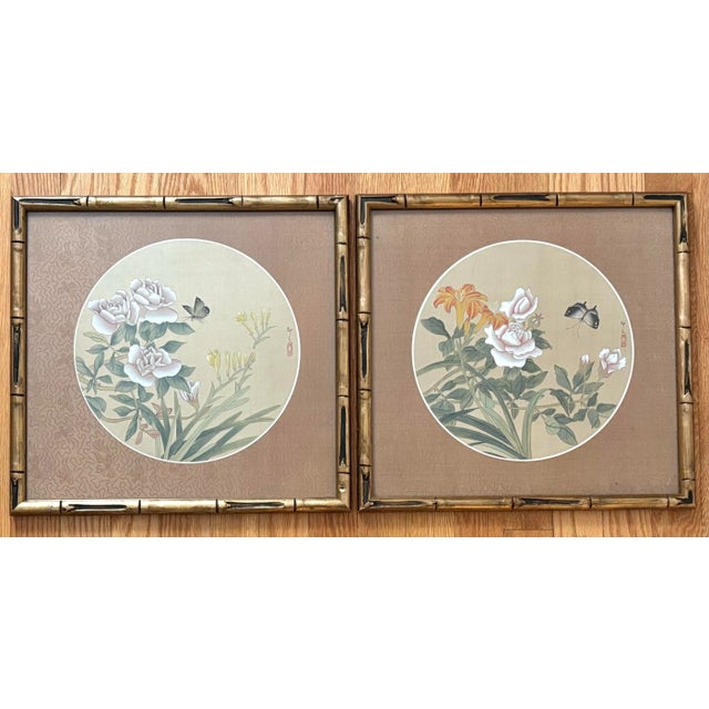 Tan Vintage Framed Asian Botanic and Butterfly Original Gouache Watercolor Paintings, a Pair For Sale - Image 8 of 9