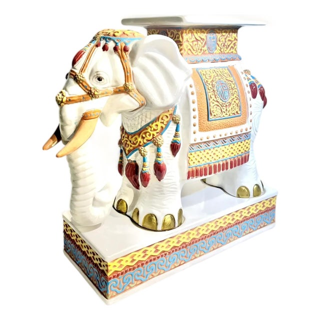 Vintage Hollywood Regency Style Glazed Terracotta Elephant Garden Seat Stool For Sale