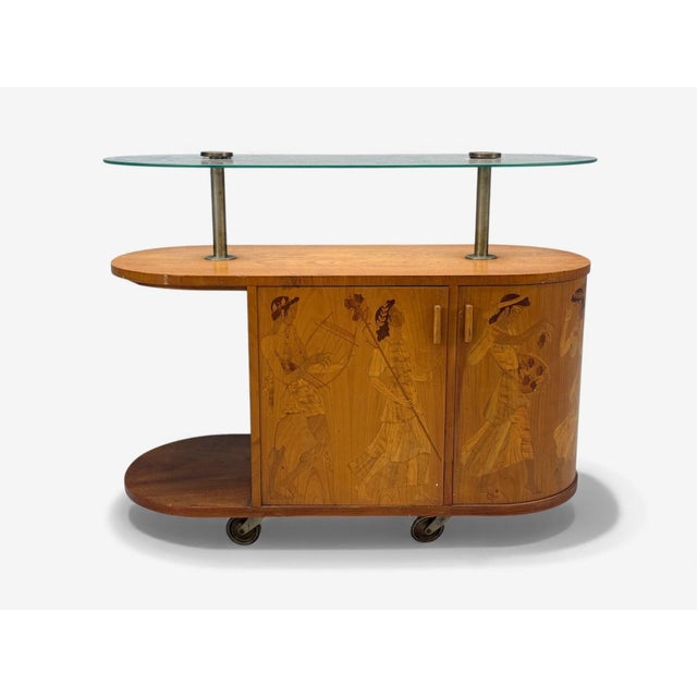 Art Deco Erik Mattsson, Art Deco, Marquetry, Glass, Rare Bar Cart, Sweden C. 1939 For Sale - Image 3 of 16