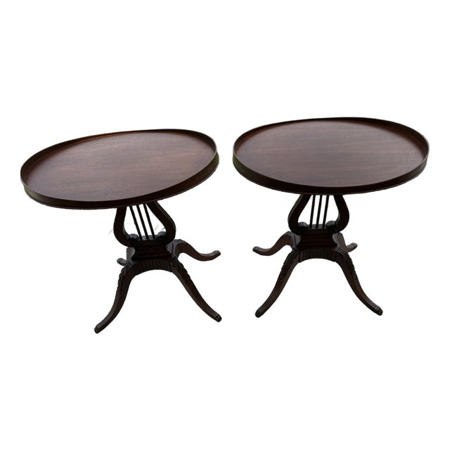 Pair of 1940s Mersman Duncan Phyfe Style Mahogany Lyre Base Side Tables / End Tables For Sale