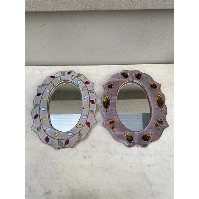 1960s Mid-Century French Ceramic Leaves Oval Mirror For Sale - Image 5 of 6