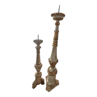 Pair of Antique Italian Painted Wood Candlesticks With Aged Patina For Sale