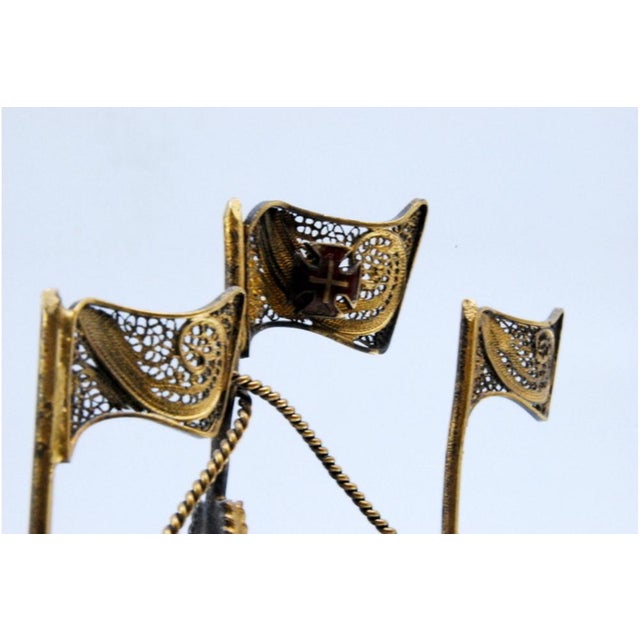 Caravel Model in Gilded Silver Filigree with Enameled Crosses on the Sails and Resting on Scalloped Base For Sale - Image 6 of 11