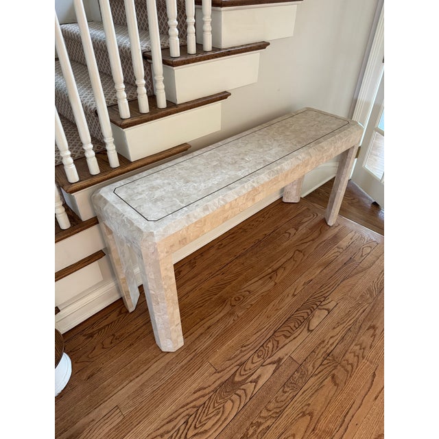 Brass Post Modern Tessellated Stone Brass Inlay Console Sofa Table For Sale - Image 8 of 11