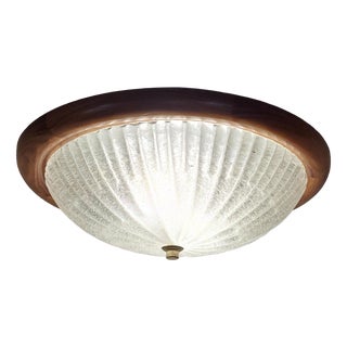 Vintage Ceiling Lamp with Pine Wood Frame and Segmented, Curved Ice Glass Shade, 1980s For Sale