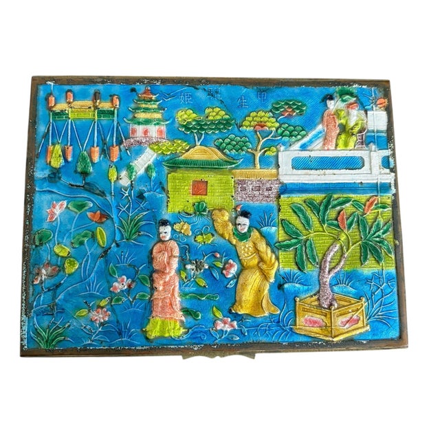 This exquisite Chinoiserie Canton enamel piece &nbsp;with brass-mounted box features hand-painted enamel depicting figures...