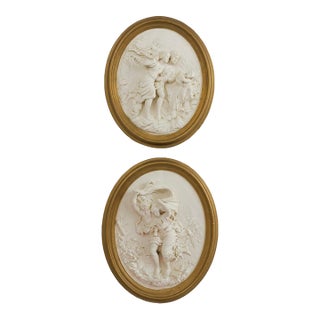 Pair of Vintage & Sculptural, Neoclassical Figural High Relief Wall Plaques – 13” X 16” Each Grandmillennial, Palm Beach Regency, French - See Pics! For Sale