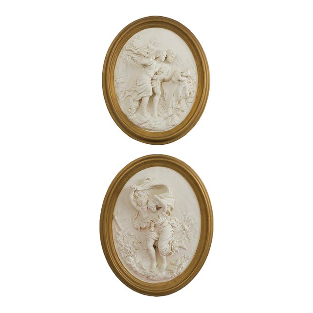 Pair of Vintage & Sculptural, Neoclassical Figural High Relief Wall Plaques – 13” X 16” Each Grandmillennial, Palm Beach Regency, French - See Pics! For Sale