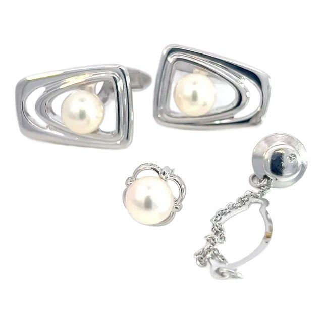 1990s Mikimoto Estate Akoya Pearl Cufflinks + Tie Pin Set Sterling Silver, 4 Pieces For Sale