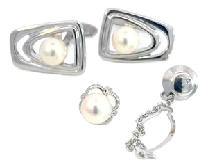 1990s Mikimoto Estate Akoya Pearl Cufflinks + Tie Pin Set Sterling Silver, 4 Pieces