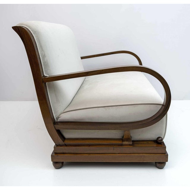 Art Deco Italian Walnut and Velvet Sofa, Armchair, and Ottoman, 1920s, Set of 3 For Sale - Image 6 of 13