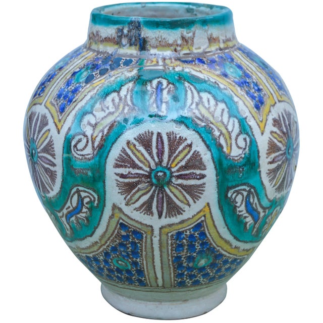 Handcrafted ceramic vase featuring an elaborate hand-painted Moorish pattern in a traditional Andalusian color...