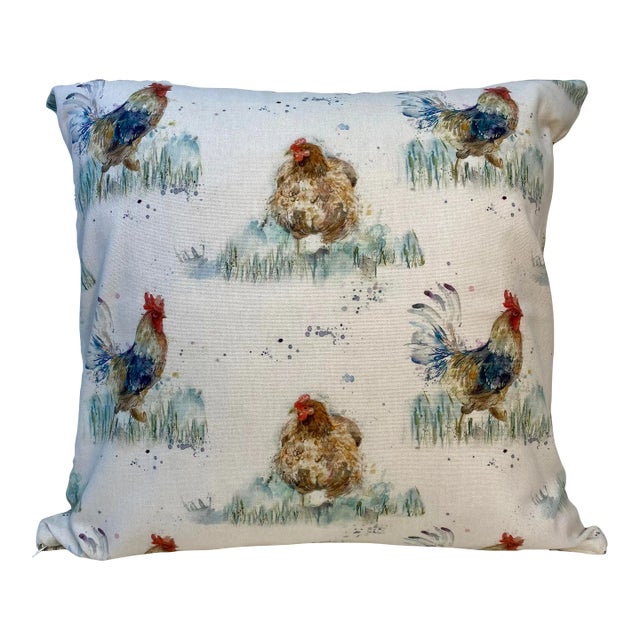 20” Square Pillow Adorned With a Chicken & Rooster Print - Made in U K For Sale