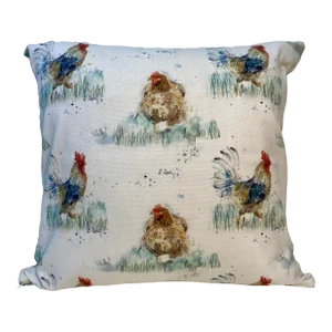 20” Square Pillow Adorned With a Chicken & Rooster Print - Made in U K