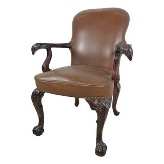 Vintage Maitland-Smith Carved Wood & Brown Leather Armchair For Sale