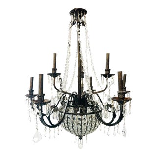 French Regency Empire Style Basket Bronze & Crystal Chandelier, 9 Arms 12 Lights For Sale