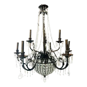 French Regency Empire Style Basket Bronze & Crystal Chandelier, 9 Arms 12 Lights