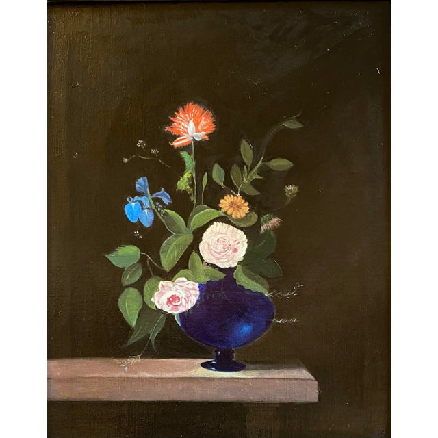Dutch Golden Age style oil painting on hand stretched linen canvas of roses in a blue vase set on a table by Satori...
