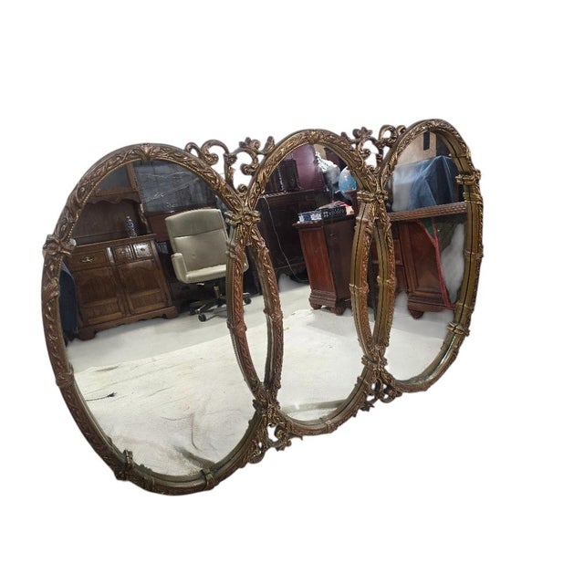 Hollywood Regency Vintage Hollywood Regency Triple Oval Gilt Wall Mirror For Sale - Image 3 of 6