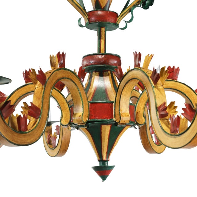 Mustard Vintage Six-Arm Tole Chandelier Hand-Painted in Gold, Green, and Red For Sale - Image 8 of 13
