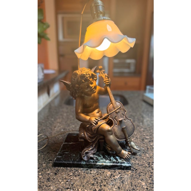 Bronze Late 19th Century Bronze-Finished Cherub Playing Violin Table Lamp With Marble Base. For Sale - Image 8 of 9